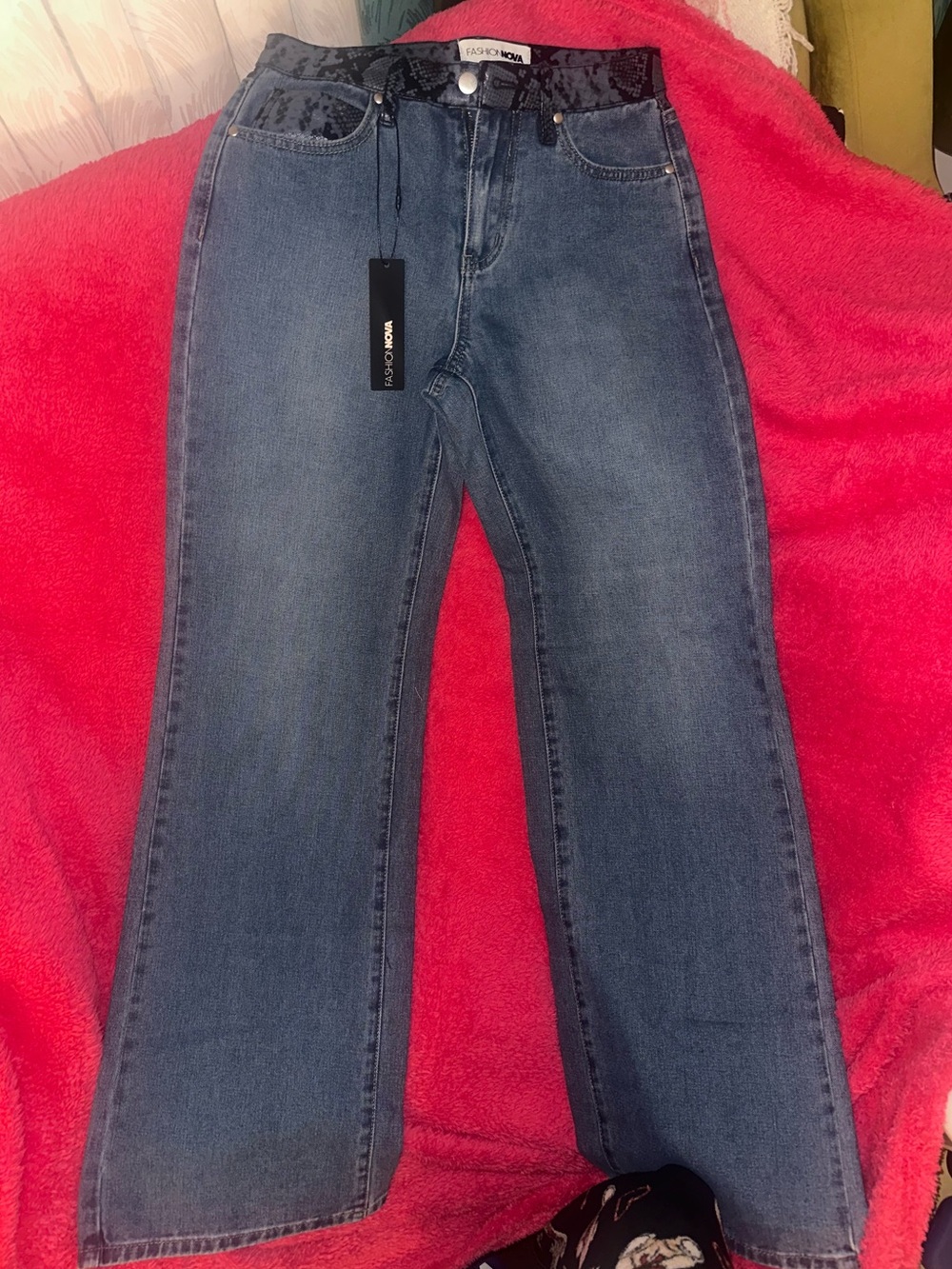 Fashion Nova Light Blue High-Rise Jeans with Black Snake-Print Trim
